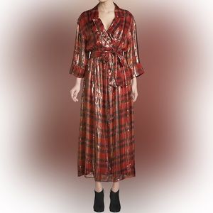 Alice + Olivia Chap Metallic Plaid Faux-Wrap Dress - Red/Metallic Gold - Small